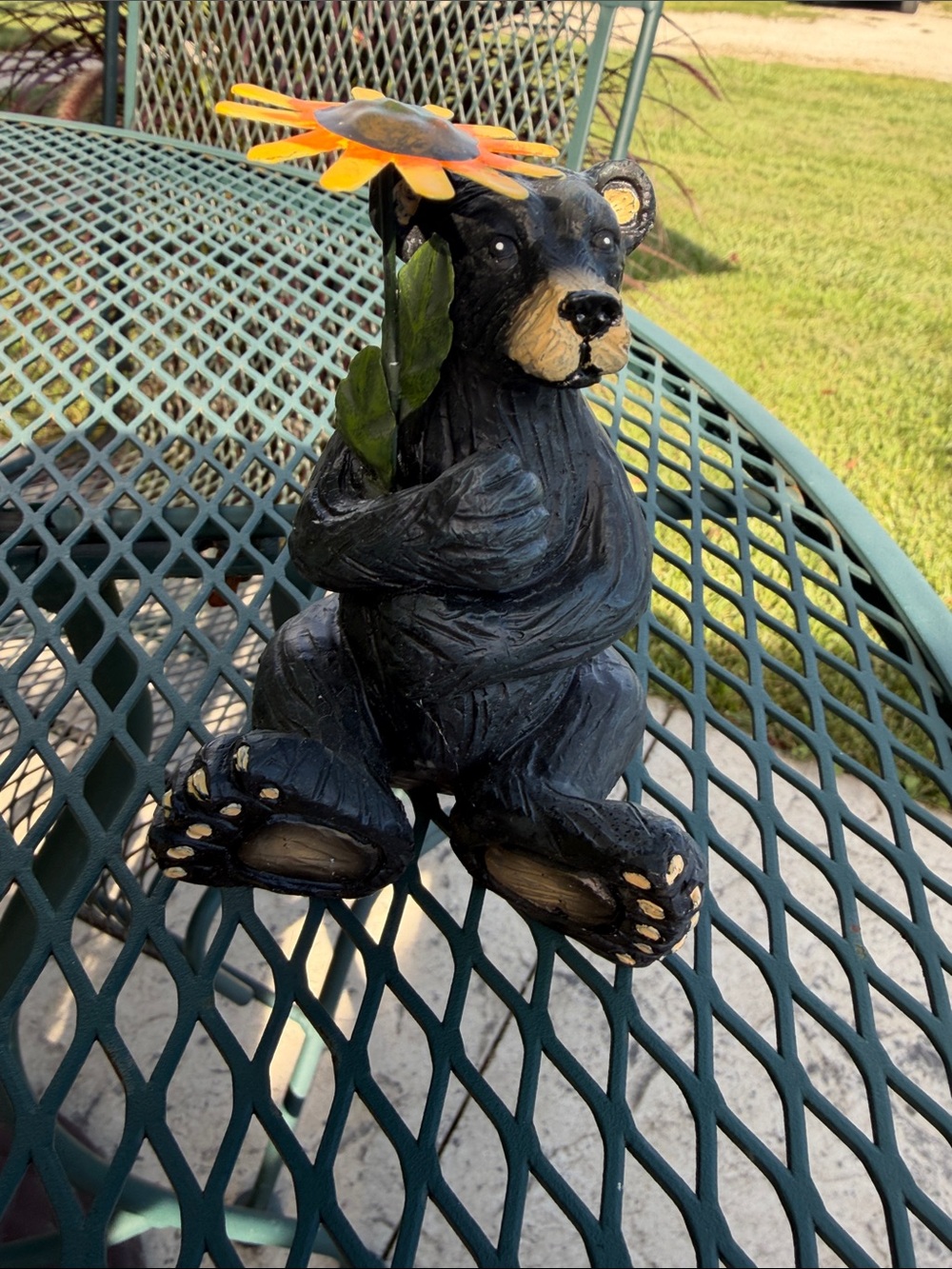 Decorative Black Bear Figurine with Orange Sunflower - Home Accents
